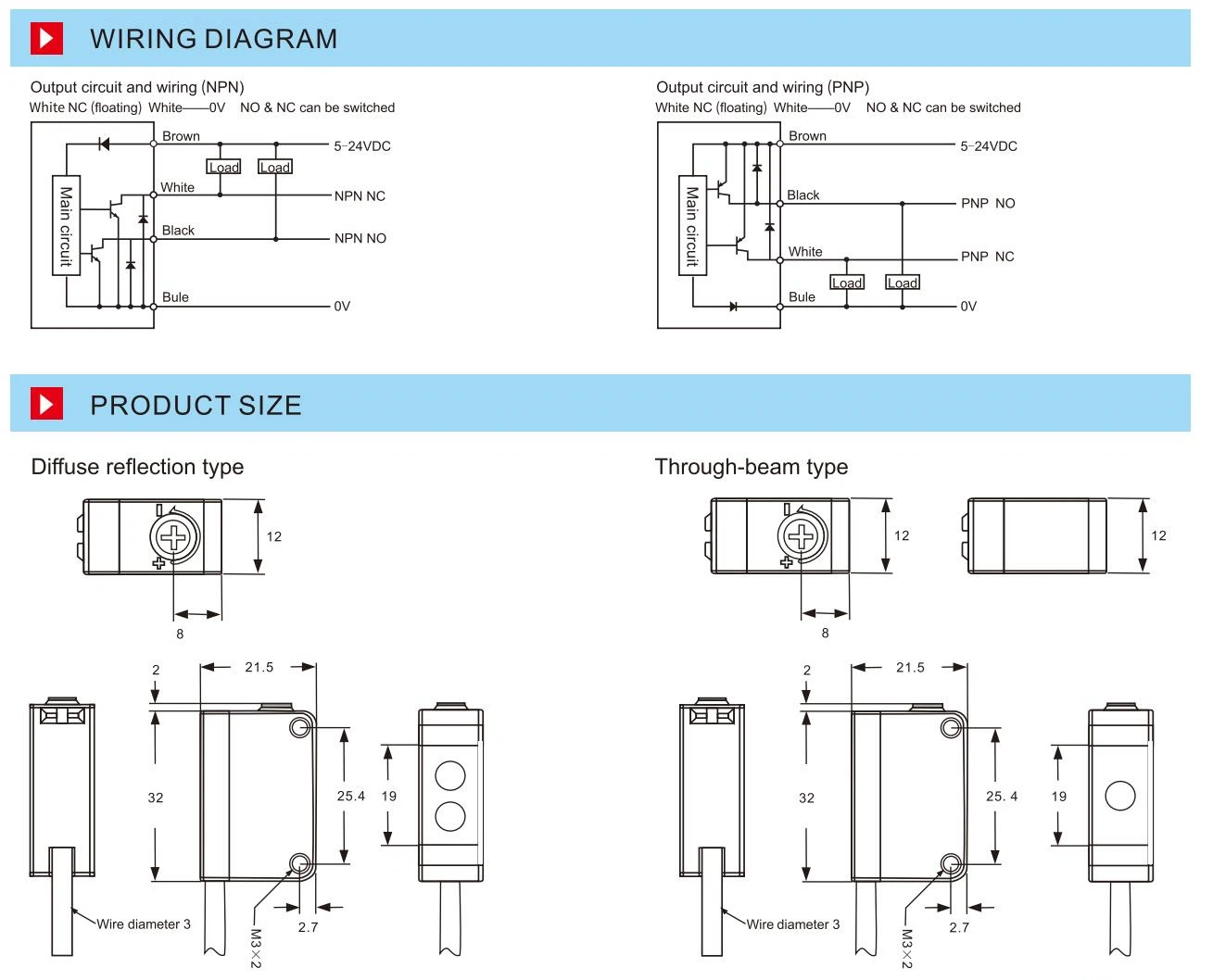 Diffuse Photo Sensor-3 Rectangular Photoelectric Sensor